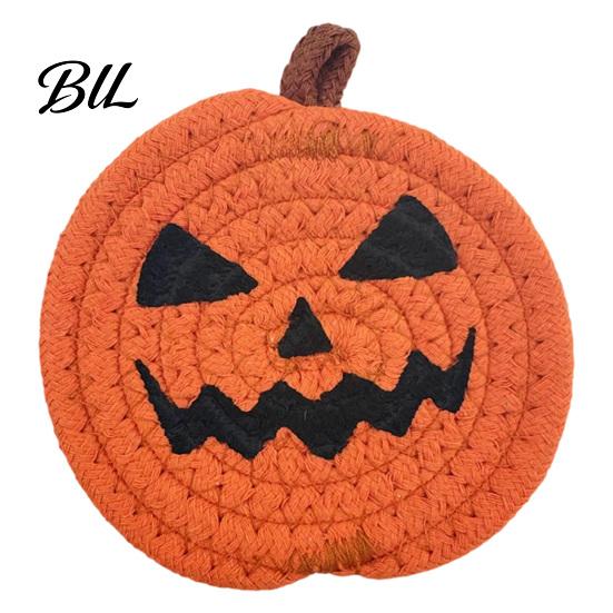 Halloween Kitchen Tableware Pumpkin Cotton Rope Coaster, Handwoven Placemat with Funny Face, Iron Reusable Drink Coasters Craft Table Mat for