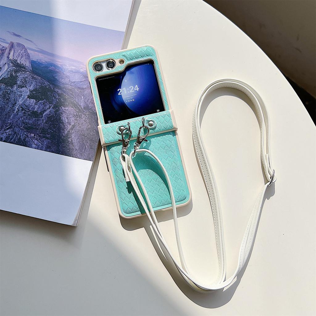 For Samsung Galaxy Z Flip5 5G Case Laser Rhombus Imprinted PU+PC Phone Cover with Crossbody Strap