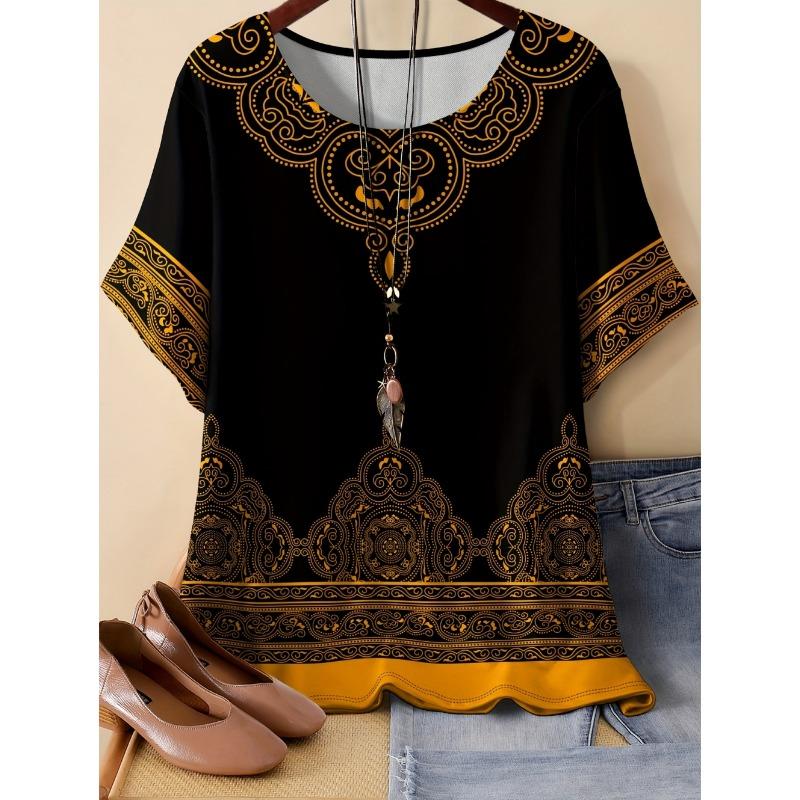 2026 Trend Summer Ethnic Graphic Print T-Shirt Round Neck Comfortable Short Sleeve Tshirt Oversized Tees Tops Women's Clothing