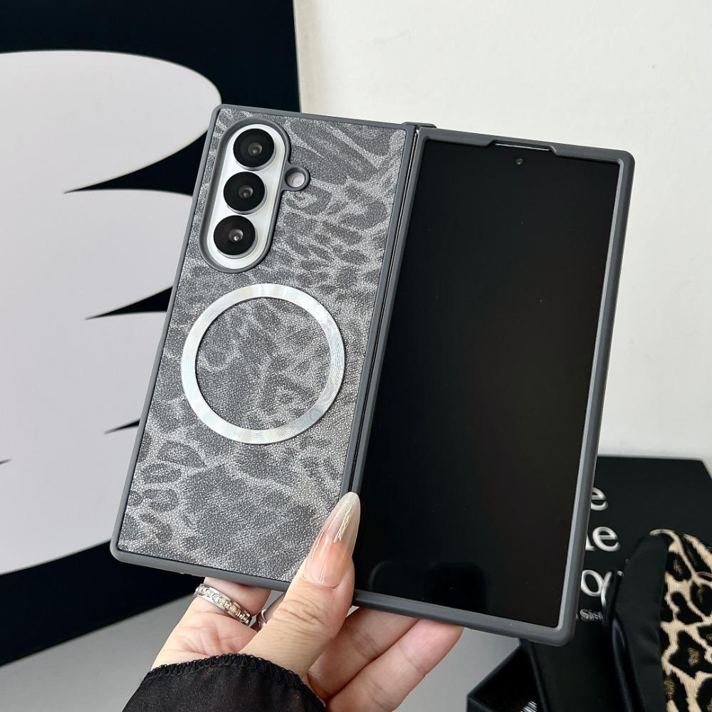 Leopard Print Luxury Leather Magnetic for Magsafe Phone Case for Samsung Galaxy Z Fold 7 6 5 4 Fold7 ZFold7 Shockproof Cover