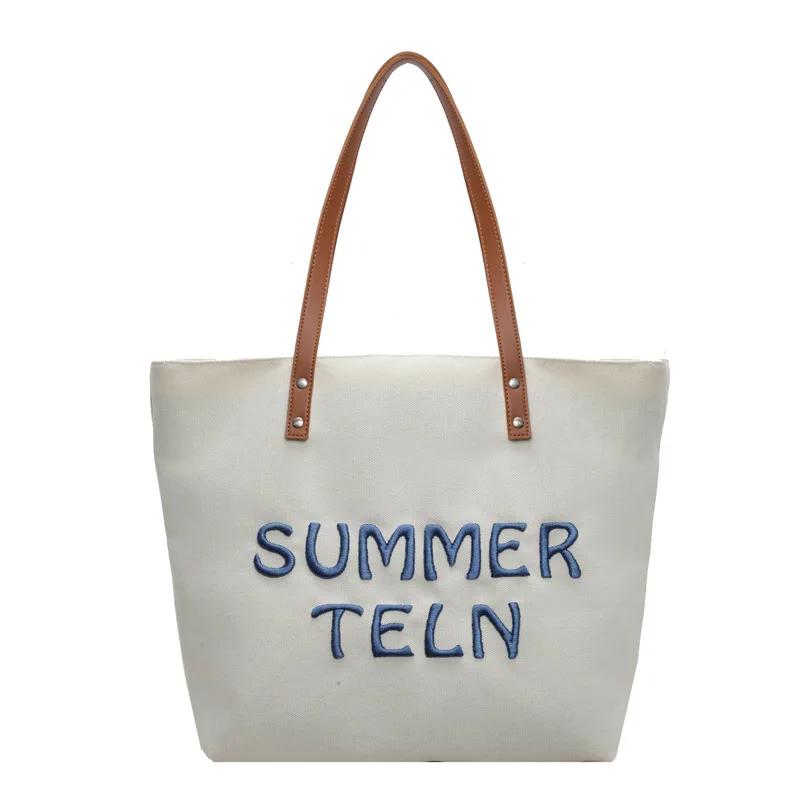 College Girls Female Tote Summer Letter Embroidery Ladies Travel Handbags Simple Large Capacity Women's Canvas Shoulder Bags