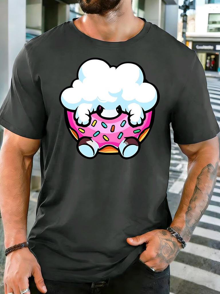 Cute Cartoon Hiding In Pink Donut Unisexs Front Print T Shirt Sweet Dessert Graphic Tee Casual Short Sleeve Top Food Lover Gift