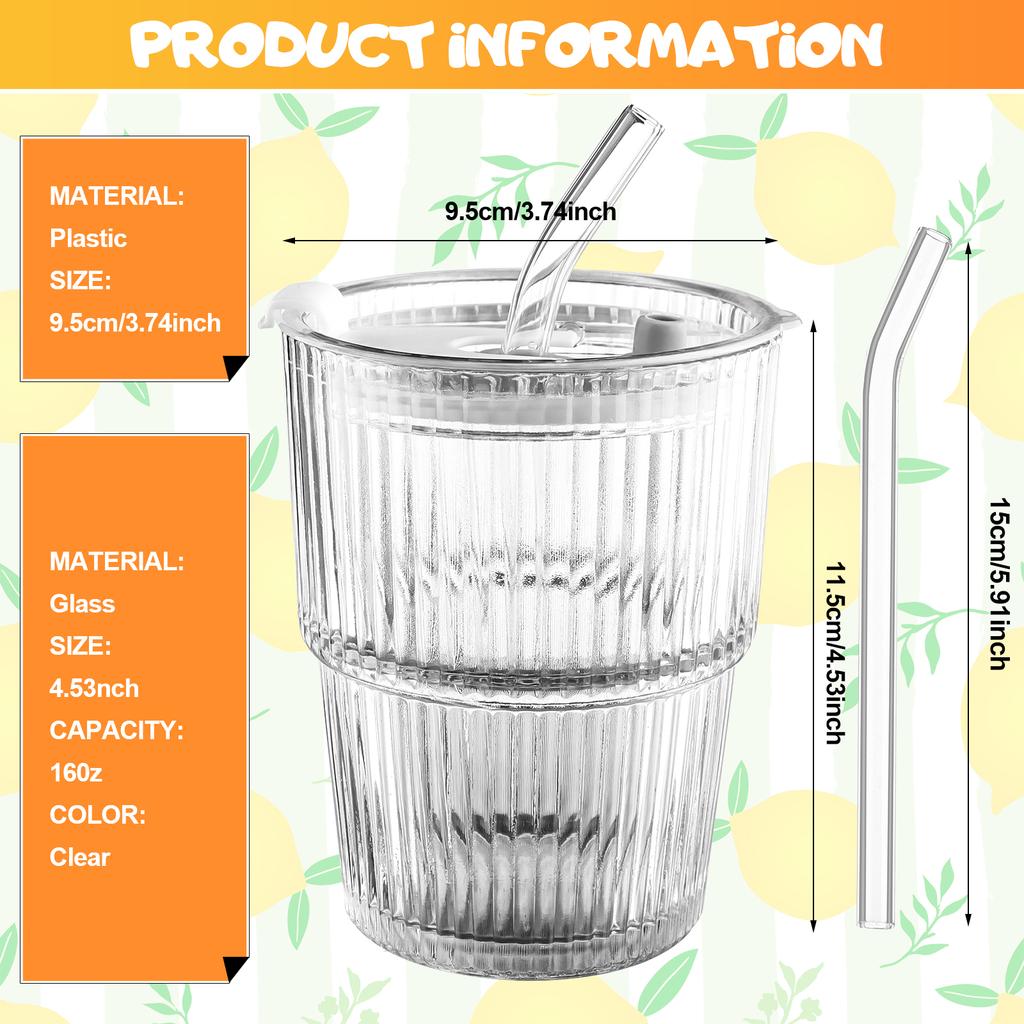 4 Pcs 16 Oz Iced Coffee Cups Ripple Glass Drinking Tea Juice Cup With Lids Straws Ribbed Clear Glasses Cups Reusable Water Glass