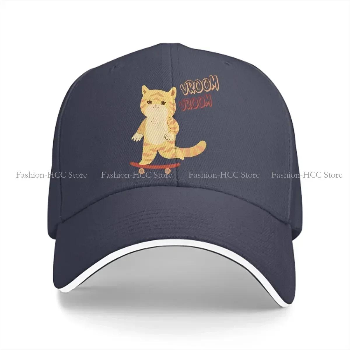 

Washed Unisexs Baseball Cap Kitty Cat On Skateboard Vroom Vroom Trucker Snapback Caps Dad Hat Black Cat One Size