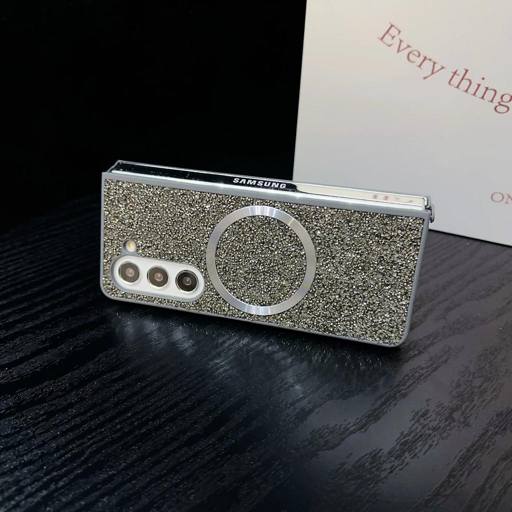 Sparkling Diamond Brilliant Phone Case for Samsung Galaxy Z Fold 7 6 5 4 3 Fold7 TPU Soft Edge Magnetic Cover Women Girl