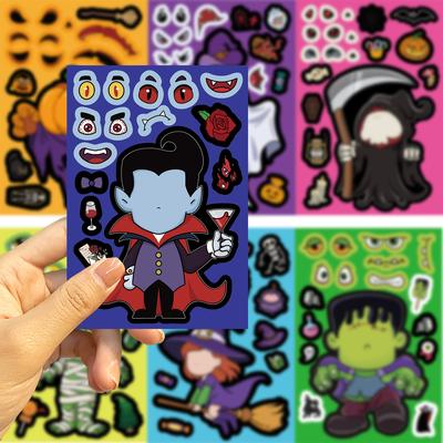 8 Sheets/set Halloween Make a Face Puzzle PVC Stickers Toy DIY Pumpkin Ghost Assemble Jigsaw Party Game Waterproof Stickers