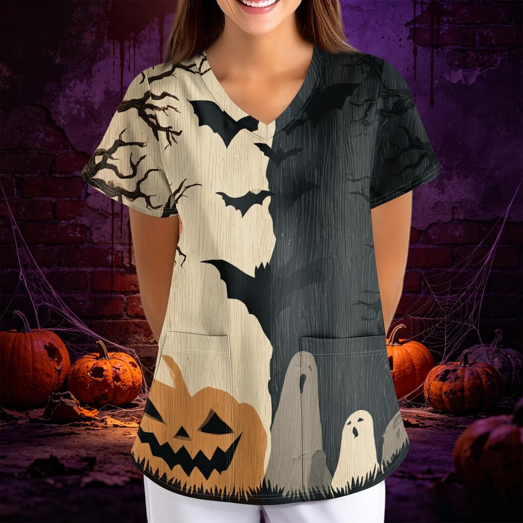 Women Halloween Print Loose Fit V Neck Short Sleeve Top with Pocket Comfortable Fabric for Work or Casual Wear