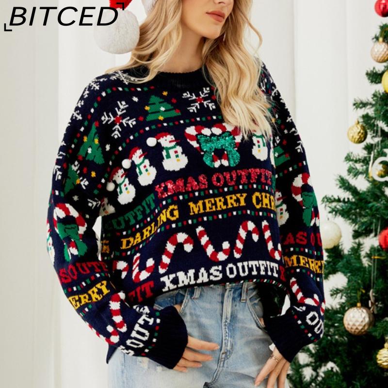 BITCED Oversized Knit Sweater Fall/Winter Christmas Tree O-Neck Sweater Little Snowman Sequined Christmas Sweater