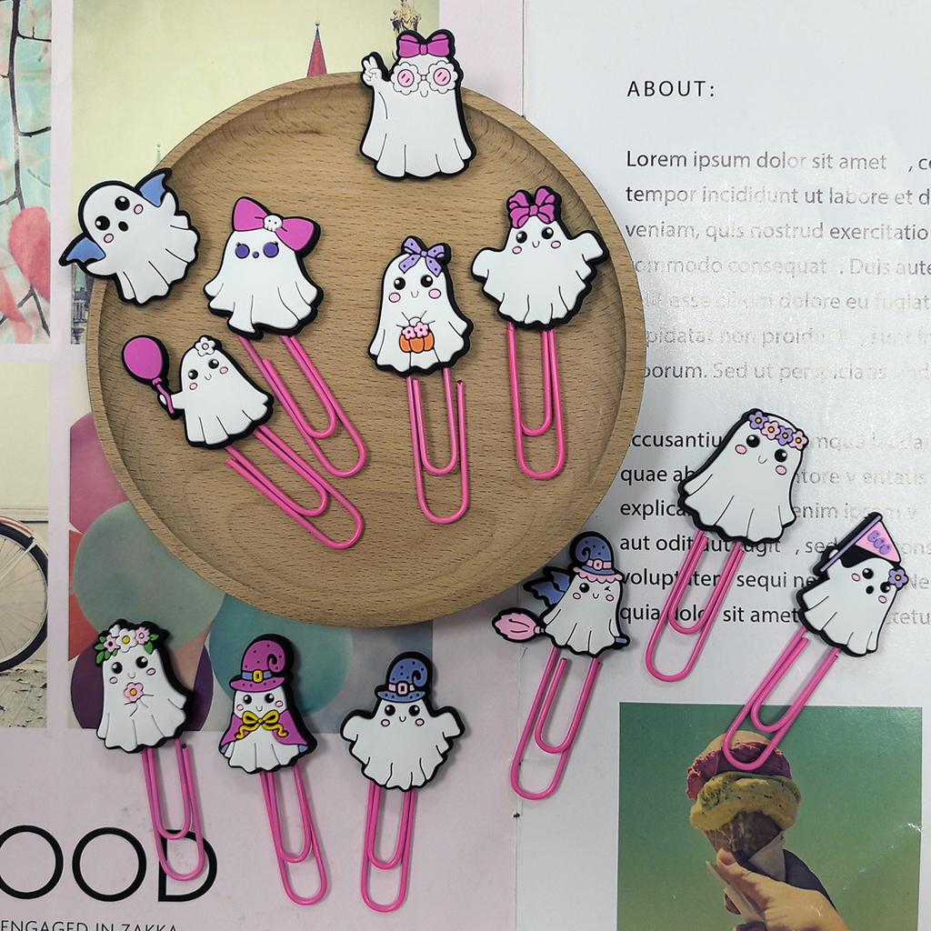 15Pcs Random Pattern Halloween Cartoon Bookmarks DIY Student Stationery Pink Storage Paper Clips Little Ghost Paper Clips Cute Halloween Gift