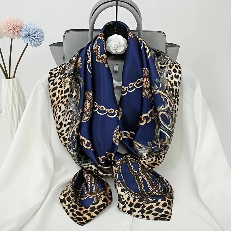 New Leopard Chain Print Square Turban Scarf Classic Satin Bandana Vintage Hijab Women Head Wraps Windproof Shawl