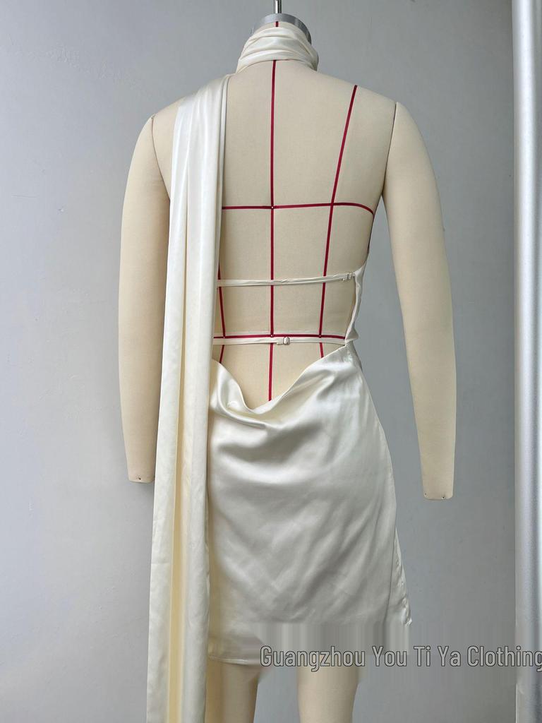 Elegant Cross-Border Satin Dress: Sexy Backless Short Skirt with Adjustable Halter Neck