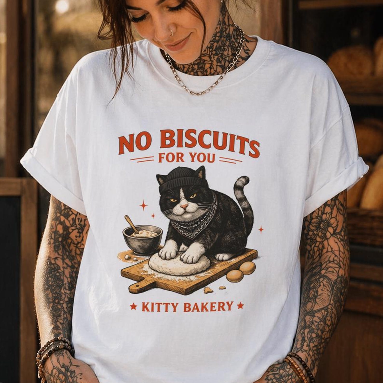 Grumpy Cat Baking Shirt, No Biscuits Kitty Bakery Tee, Sarcastic Cat Lover Gift S