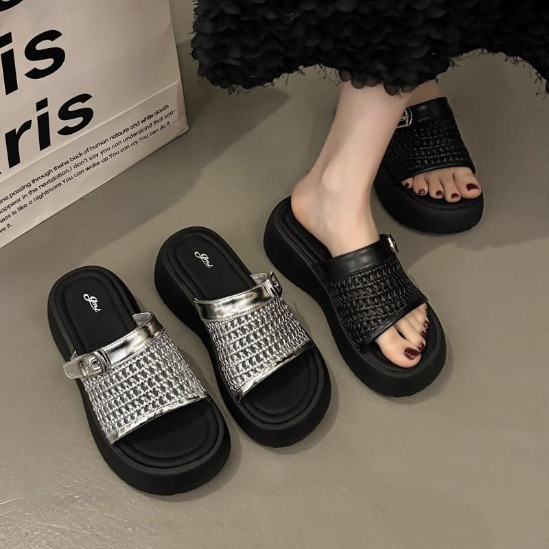 Summer Ladies Thick-soled Fashion Slippers Breathable Mesh Sponge Cake Base One Kick Women's Sandals Leisure Dress Women Shoes