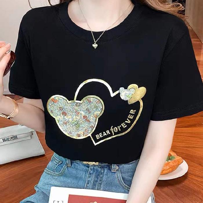 Women's Round Neck White Short-Sleeved T-Shirt with Gold Print - Spring 2025 Niche Design
