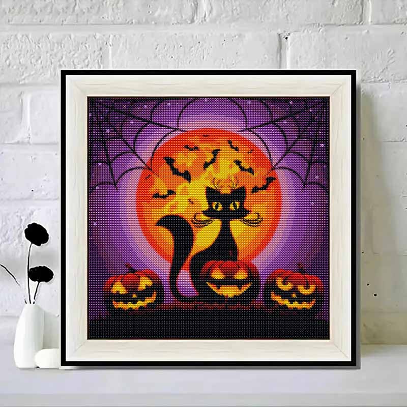 Diamond Painting Kit Halloween Black Cat Pumpkin Design DIY 5D Full Drill Canvas Art Relaxing Bedroom Wall Decor Gift