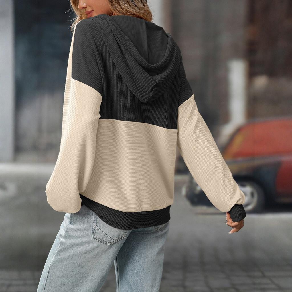 Women's Fashion Color Blocked Long Sleeved Button Hoodie Top