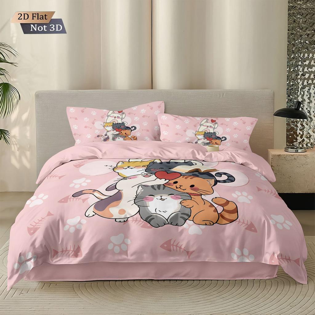 3er Set Niedliche Cartoon-Katzen-Bedruckte Spanndeckenbezug-Sets, Mehrgrößen Schlafzimmer Bettwäsche Dekoration, Bequem Maschinenwaschbar