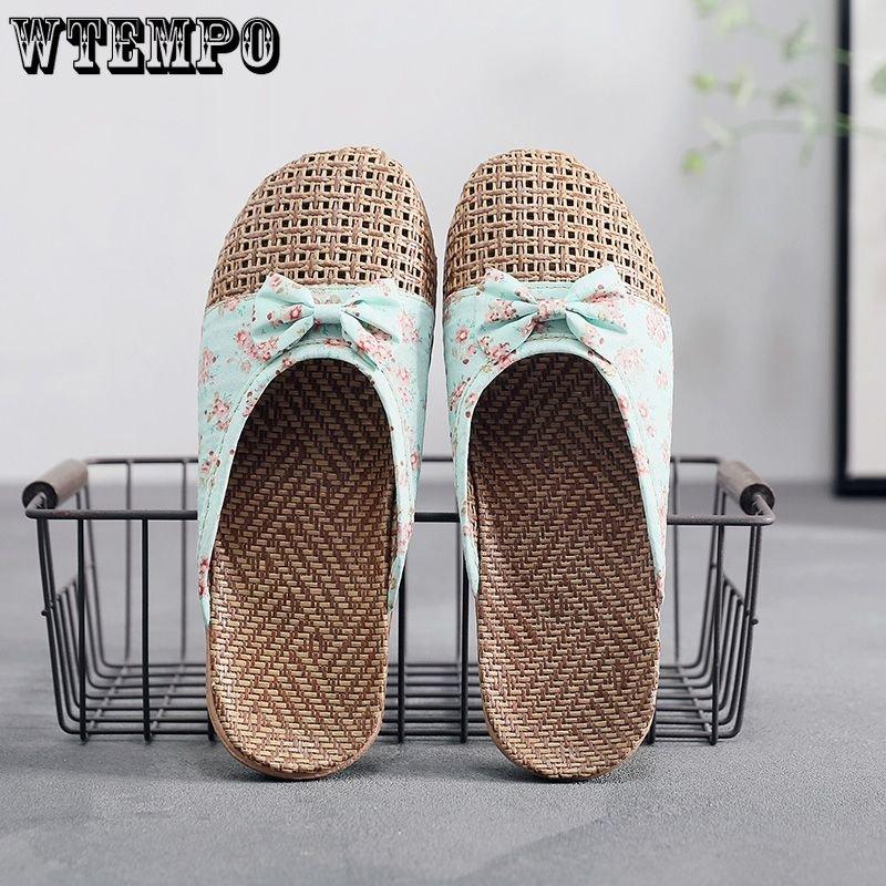 Linen Slides Women's Outer Wear Shoes Summer Thick Bottom Sandals Indoor Home Soft Bottom Non-slip Grass Rattan Slipper Outdoor Beach Flip-flops