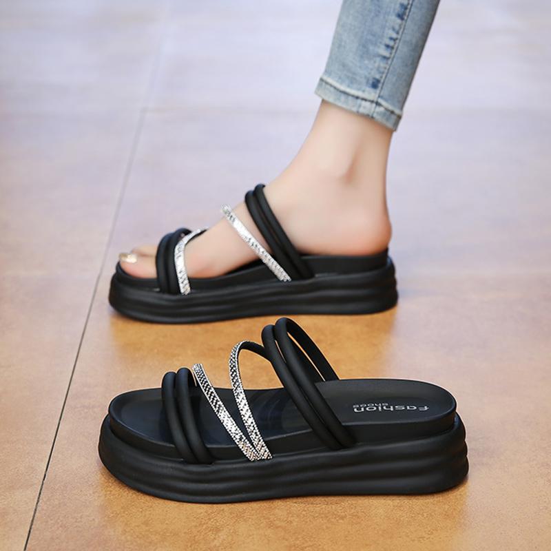 CRLAYDK Sandals for Women Platform Shoes Summer Comfortable Dressy Ladies Strap Rhinestone Slides Leather Beach Casual Slippers