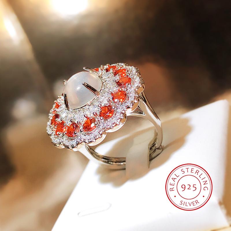 New Imitation Natural Opal Ring For Women  Silver Set Czech Diamond Orange Zircon Ring Party Wedding Jewelry Gift