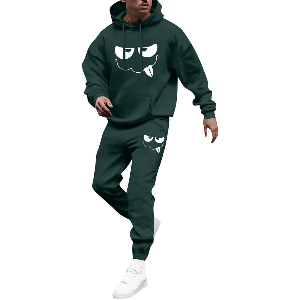 Men's Printed Hooded Sweatshirt And Sweatpants Casual Sports Suit