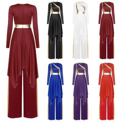 Women's Worship Dance Costume S-XXL: Round Neck Long Sleeve Metallic Shiny Patchwork Irregular Dress with Wide-Leg Pants for Church Performance
