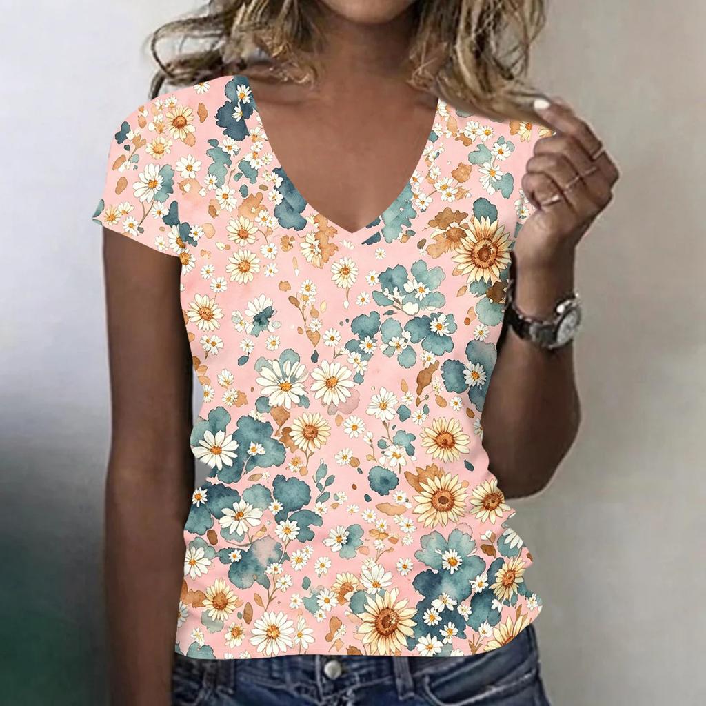 Women Casual V Neck Short Sleeve Floral Print T Shirt Lightweight Soft Fabric Summer Top Comfortable Fit