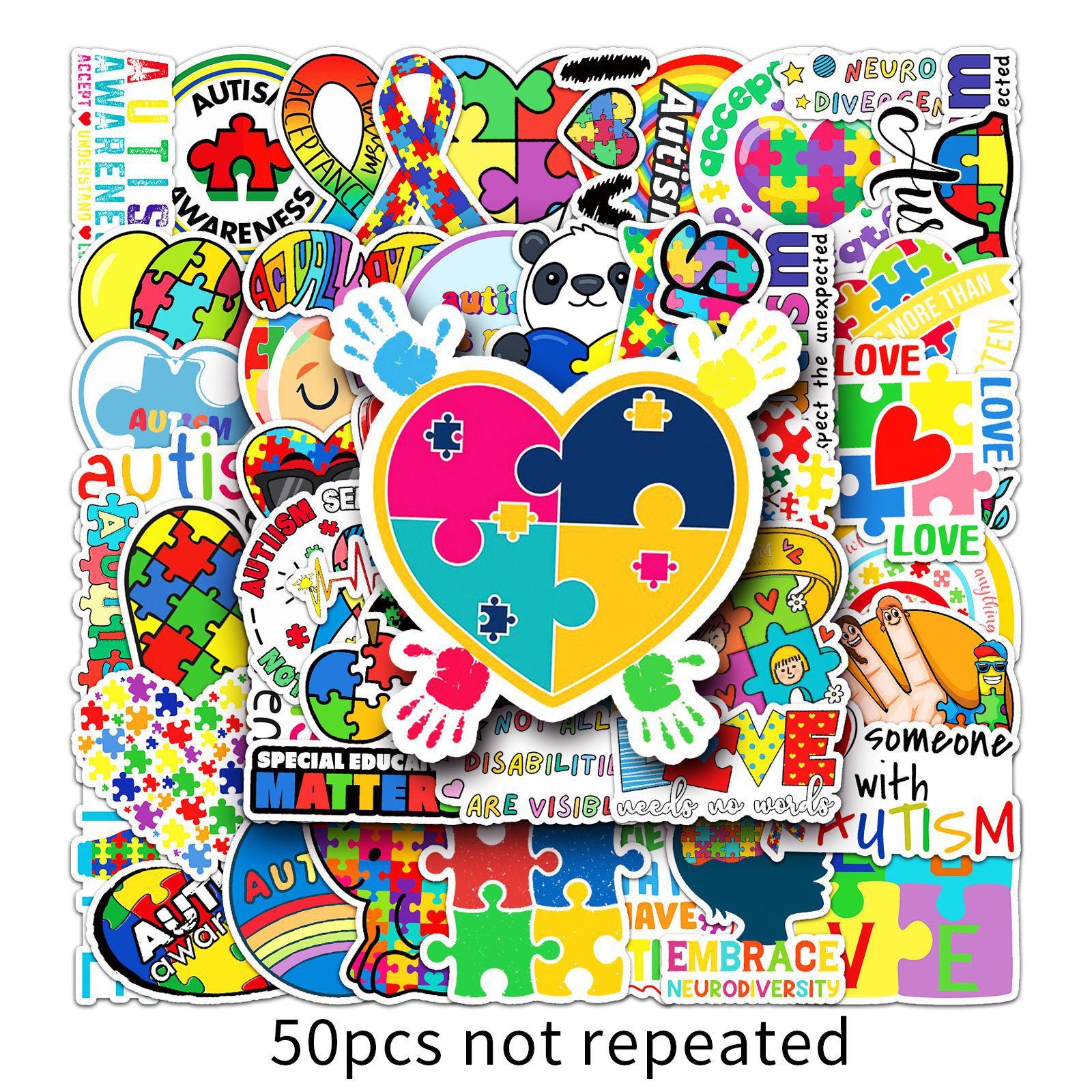 Caring for Autism Waterproof Stickers: 50 Cartoon Designs for Suitcase, Scooter, & Tablet Decoration