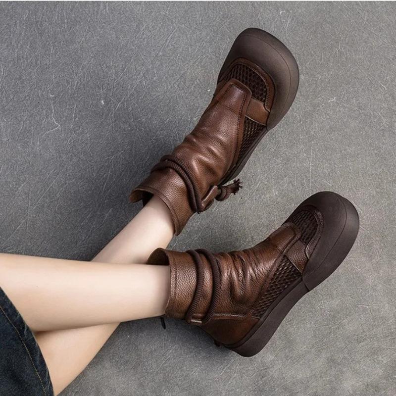 2025 New Retro Summer Woman Hollow Breathable Ankle Boots Genuine Leather Back Zipper Roman Sandals Thick Sole Women's Shoes