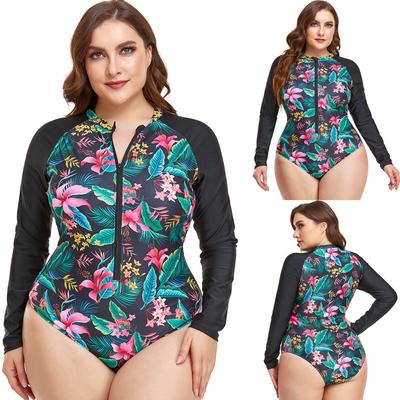 Costum de baie pentru surfing cu fermoar în față pentru femei de mărime mare, costum de baie cu imprimeu modest, monokini, costum de baie dintr-o bucată, cu mâneci lungi, cu gât rotund