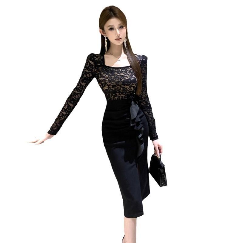French Sexy Lace Splicing Ruffle Edge Slim Dress Women