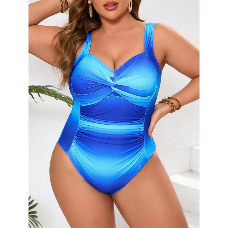 2025 Blue Gradient Plus Size Swimwear Women Strapped Push Up Large One Piece Swimsuit Summer Beach Chubby Bathing Suit