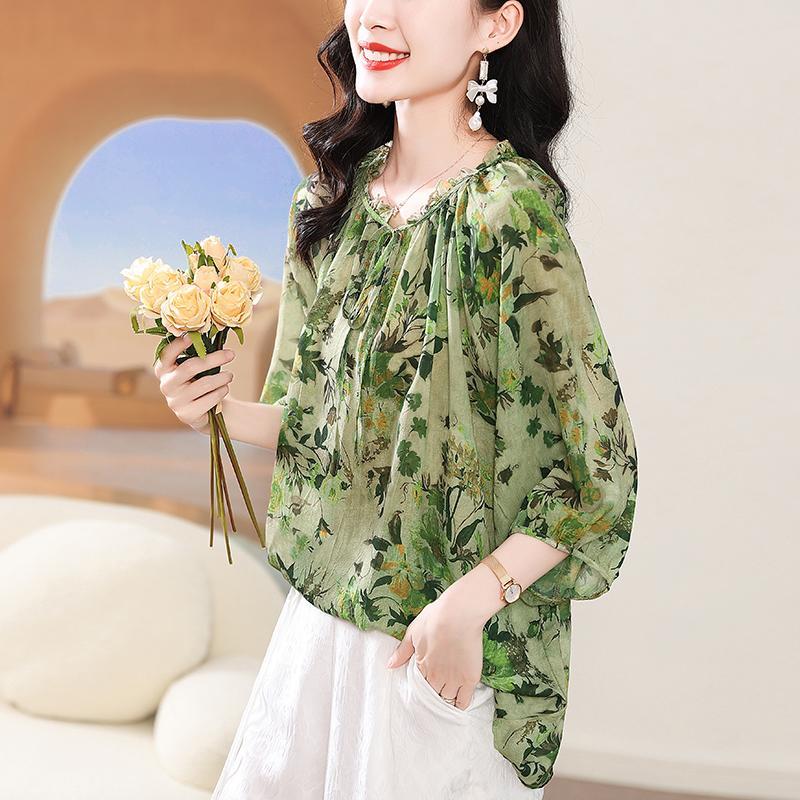 Women Plus Size Summer Chiffon Top Thin Age Reducing Floral Green Blouse