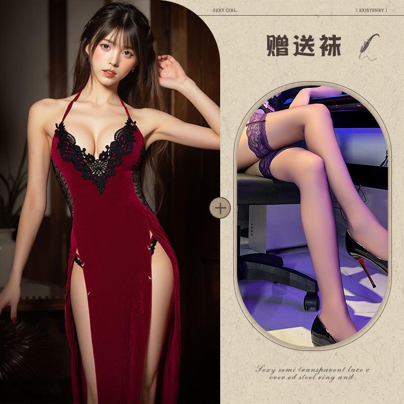 Human Cinnabar Mole Deep V Velvet Erotic Underwear Sexy Pure Desire High Split Cheongsam