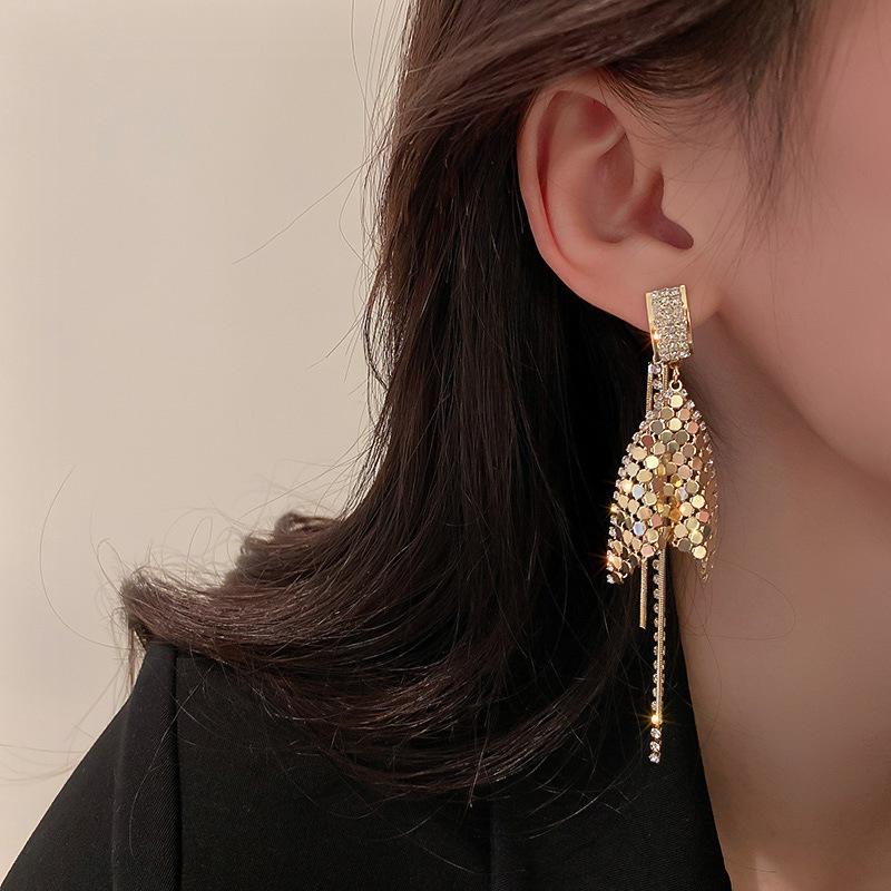 Silver Needle Diamond Fringed Metal Earrings European and American Fashion Long Earrings Light Luxury Personality Design Earrings Women