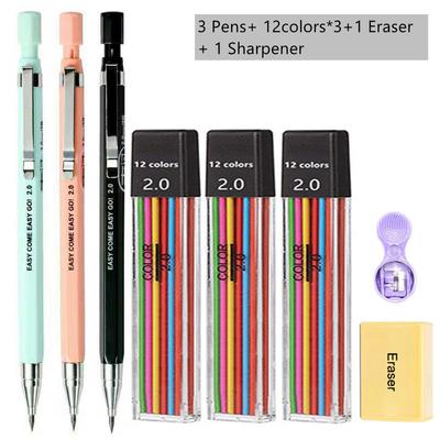 Mechanical Pencil Set 2.0mm with 2B Black/Colors Lead Refill Eraser For School Student Writing Sketching Painting Automatic Pens