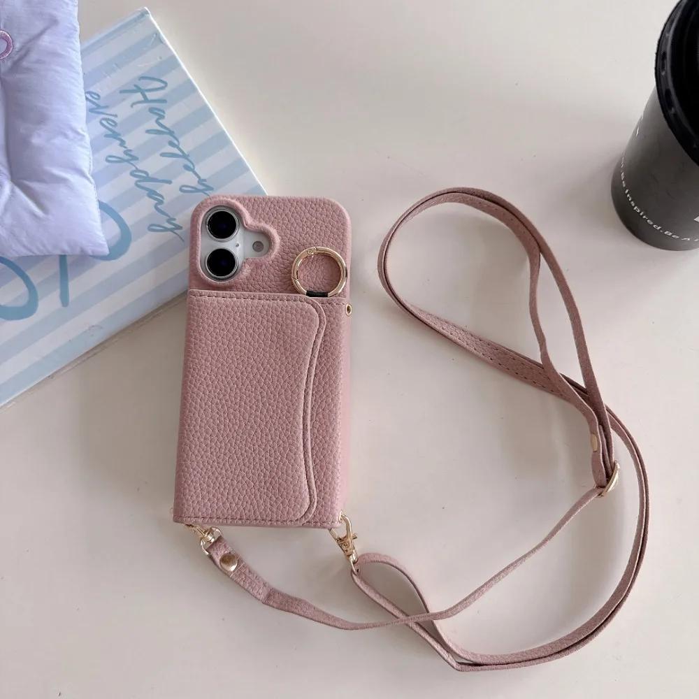 Wallet Card Holder Slot Phone Case for IPhone 16E 16 15 14 Pro 13 12 Mini 11ProMax Ring Crossbody PU Leather Anti-fall Cover
