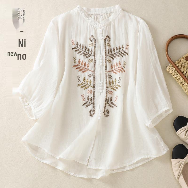 2025 Women s Artistic Retro Embroidered Cotton Linen Pants Set - Plus Size, Slimming, Summer Wear L