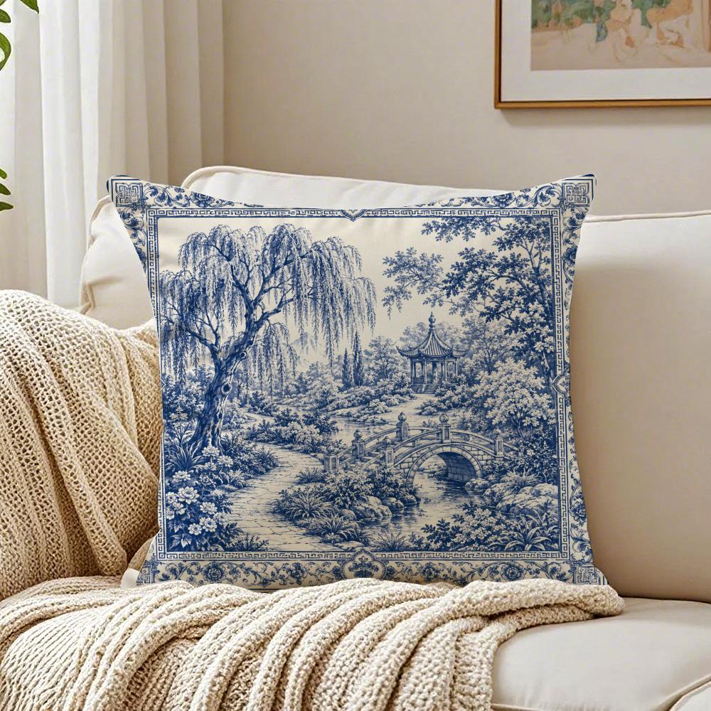 Blue White Landscape Pillow Case Organic Short Plush Cushion Covers Breathable Washable WrinkleResistant