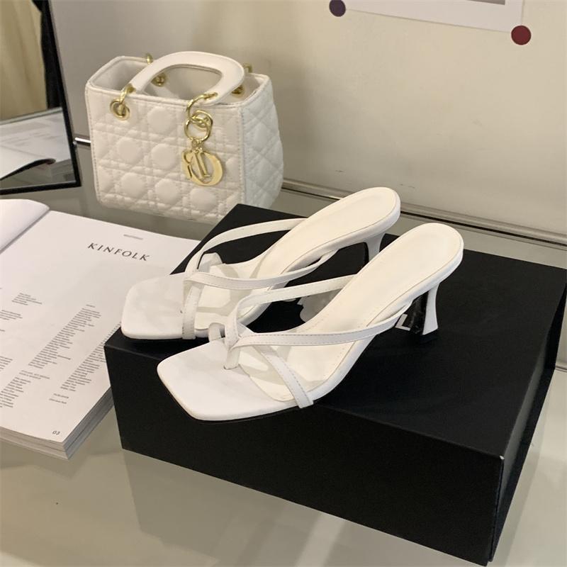 2025 summer new French toe sandals thin heel slippers women wear cool slippers square head high heel flip-flops