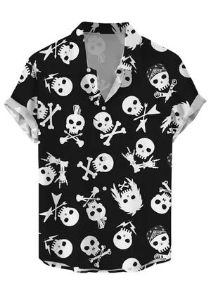 Vintage Men Shirts Funny Skull Flowers Printing Streetwear Short Sleeve Shirts Summer Hawaii Shirt Print Lapels Shirts for Men
