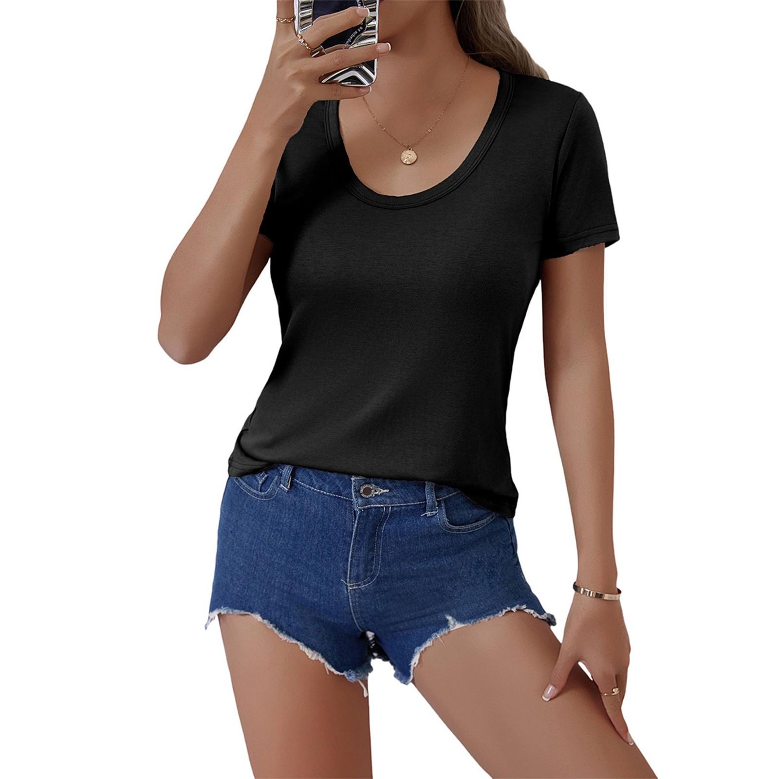 

Женская мода однотонный U-образный вырез с короткими рукавами пуловер повседневная футболка топ L