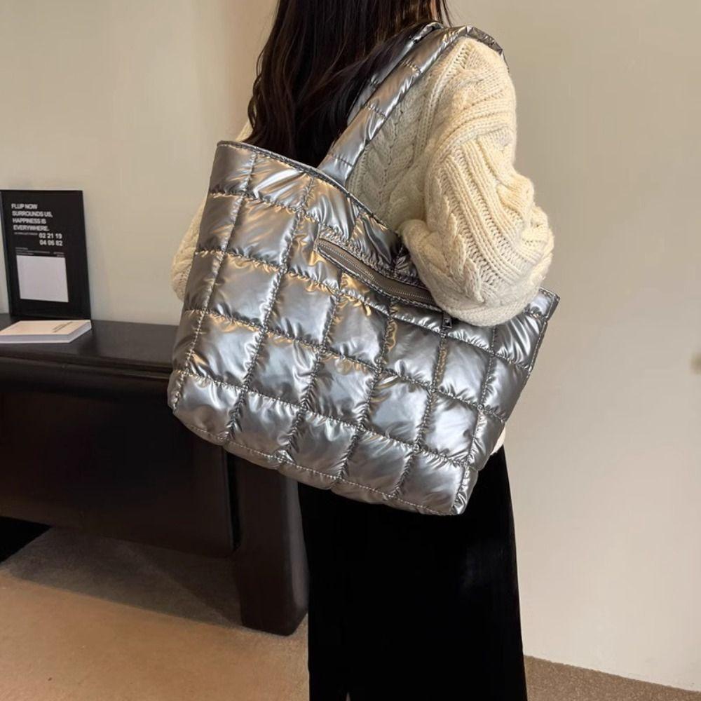 Checkered Down Cotton Shoulder Bag Korean Style Puffy Bag Cotton-padded Tote Bag  Office Worker
