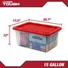 15 Gallon Clear Storage Bin with Red Snap Lid Stackable Plastic Container Easy Organization Garage Home Toy Keepsake Storage
