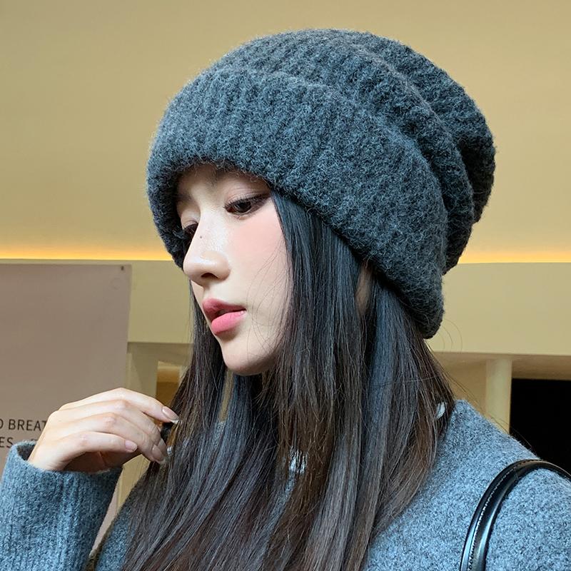 

Шерстяная шапка женская осенне-зимняя свободная теплая шапка-бини вязаная шапка с защитой ушей one size темно-серого