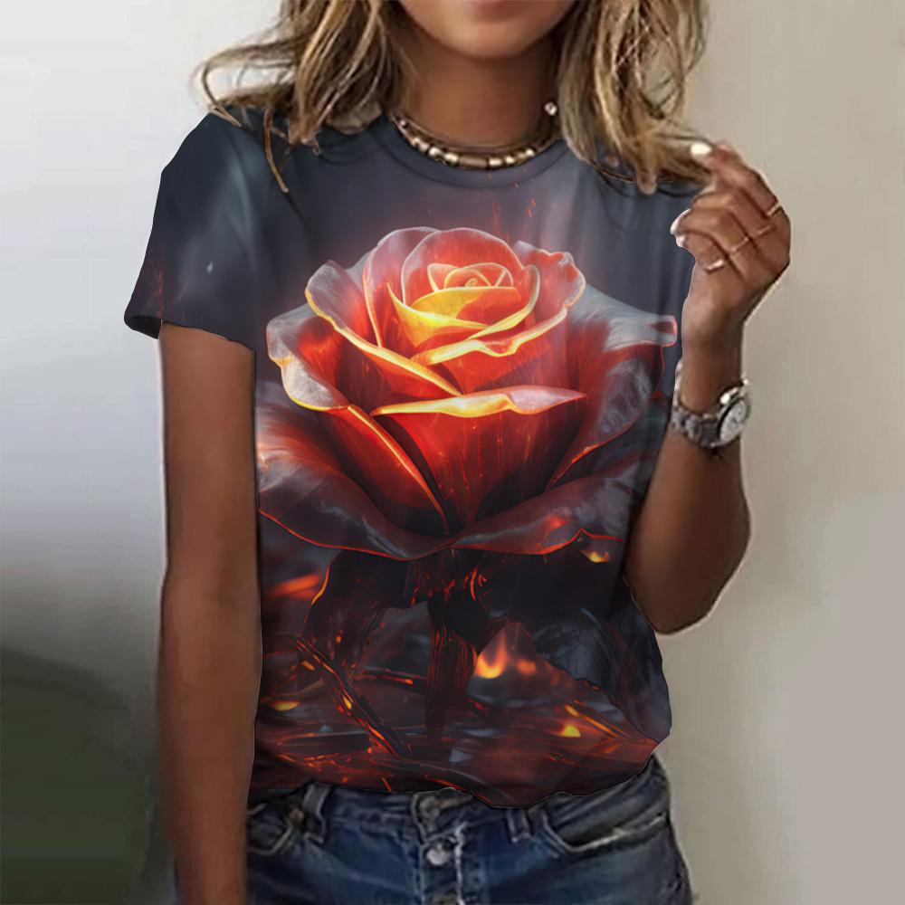 T-shirt à manches courtes pour femmes, imprimé Roses en 3d, mode d'été, haut surdimensionné, vêtements féminins décontractés, Streetwear pour filles, 2023