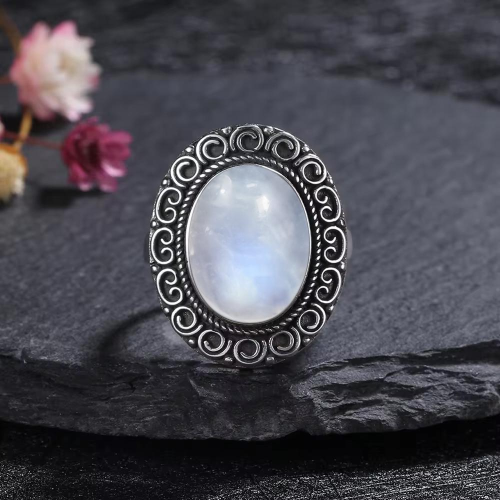 Vintage 925 Silver Ring Natural Moonstone Flower Ring 925 Hollow Eye Shape Round Sun And Moon Ring Fine Jewelry for Women Men