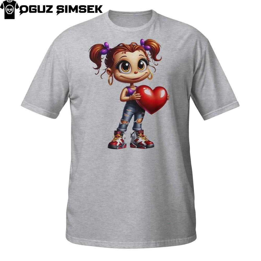 

Cute Chibi Girl Tee – Urban Anime Style with Big Heart for Valentine s Day M