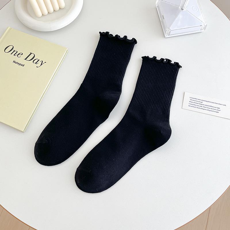 Lace Wood Ear Socks with White Vertical Stripes - Trendy Mid-Calf Roll Edge JK Socks for Spring/Summer