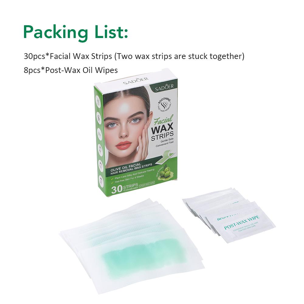 Полоски воска для депиляции лица 30 шт. Полоски воска для лица + 8 салфеток с успокаивающим маслом Гипоаллергенная восковая бумага для удаления волос на бровях и верхней губе